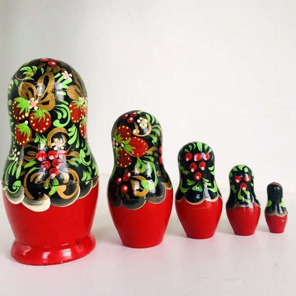 Vintage Handpainted Russian Wooden Matryoshka Stacking Nesting Dolls Set of 5 - Picture 7 of 12